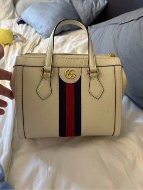 Gucci Cream Top-Handle Satchel with Navy and Red Web Stripe